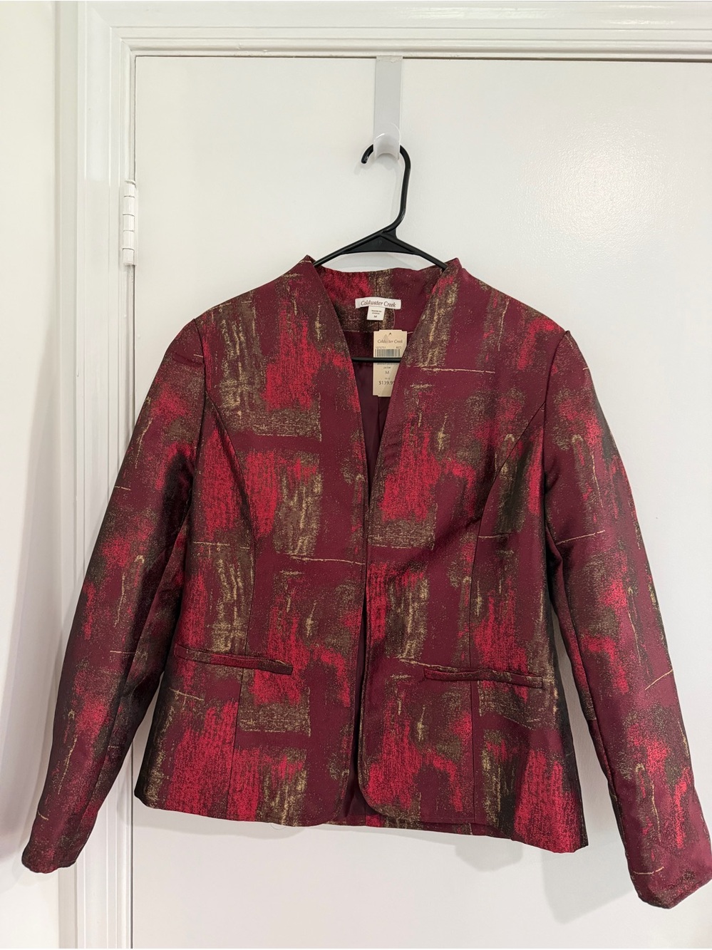 Coldwater Creek Abstract Metallic Blazer Jacket Burgundy Gold Womens M Holiday